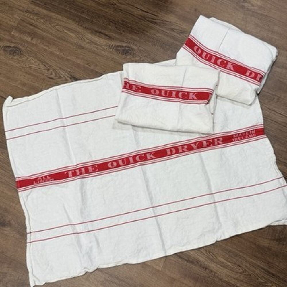 Lot 3 Vintage Pure Irish Linen Quick Dryer Glass Cloth Tea Towel 24x32" Red